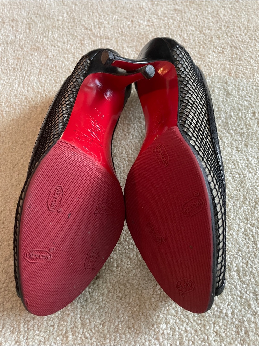 Black Mesh Peep-Toe Pumps with Red Soles - Picture 3 of 7